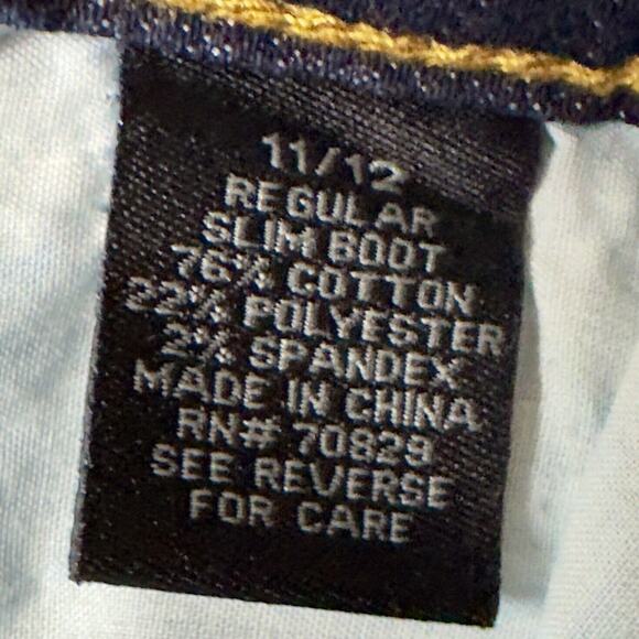 Slim Boot Low Rise Jeans Dark Wash Women 11/12R Thick Stitch Studs Whiskers Fade - Picture 14 of 16